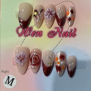 Handmade press on nail Art Set - Elegant Burgundy, orange  and Cream Design